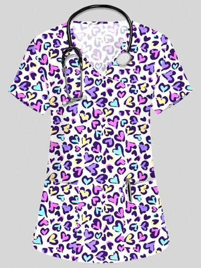 PopScrub Women V-Neck Short Sleeve Double Pocket Side Slit Colorful Heart Print Nurse/Doctor/Health Examination/Pet Grooming/Nutritionist Work Multi-Pocket Functional Laboratory Work Scrub Uniform Women's Fashion Top, For Holidays, Valentine's Day