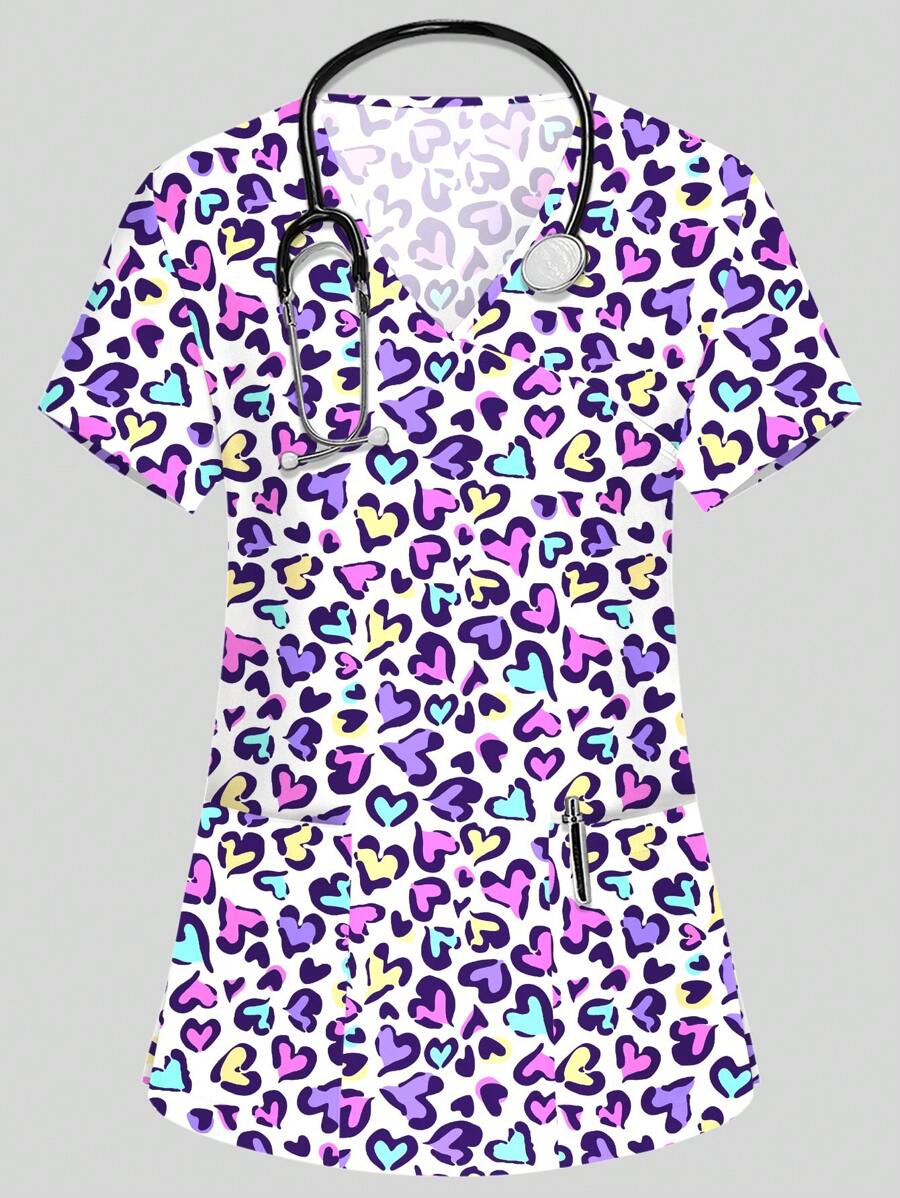 PopScrub Women's White Heart Print Scrub Uniform Top,V-Neck Short Sleeve Multi-Pocket Functional Work Wear For Nurse,Doctor,Pet Grooming,School,Maid,Holidays - White - View 1