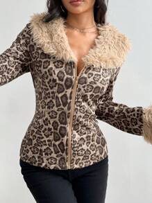Flirla Chaqueta con cuello y puños de piel sintética con estampado de leopardo, de moda para el otoño