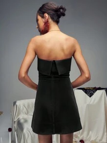 TypaGal 节日派对天鹅绒撞色缎面折叠抹胸 A 字型迷你连衣裙，优雅鸡尾酒半正式舞会礼服，适合生日、婚礼宾客、毕业典礼、晚宴、返校节新年前夜新年节日派对服装派对新年礼服女士、情人节装 - 黑色 - 查看 2
