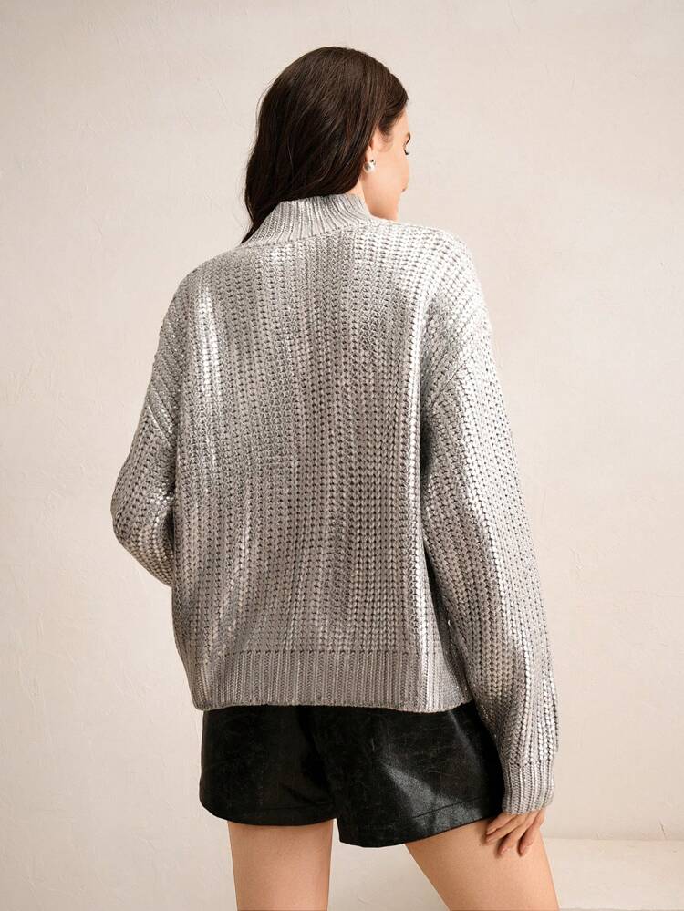 High End French Style Embossed Gold Foil High Neck Sweater Knit Pullover Fall Winter