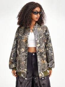 SHEIN EZwear Chaqueta bomber de mujer de hombros caídos con gráfico de letra y rayas para el invierno - Multicolor - Ver 4