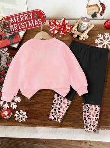 SHEIN 2pcs Casual Set For Young Girls: Heart Leopard Print Thick Crew Neck Long Sleeve Sweatshirt And Leggings, Suitable For Autumn/Winter