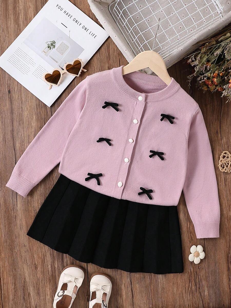 SHEIN Set 2 Potong untuk Anak Perempuan, Kardigan Rajut Merah dengan Hiasan Pita 3D dan Rok Lipit, Musim Gugur/Dingin - Dusty Pink - View 1
