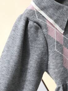 年轻女孩宽松休闲领几何图案褶皱长袖毛衣连衣裙