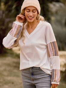 LanaWest Women's Casual Loose Fit Color Block Long Sleeve V-Neck T-Shirt, Versatile Fashion For Spring & Autumn Graphic Tees Women Tops For Spring