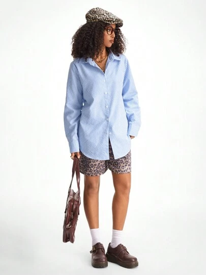 SHEIN EZwear 女士和男士办公室休闲条纹长袖衬衫