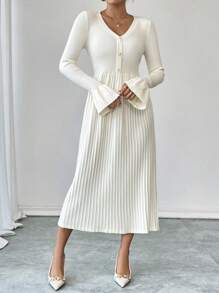 Calvaya Elegant Ruffled Long Sleeve Knitted Pleated Dress, Versatile Sweater Dress For Women