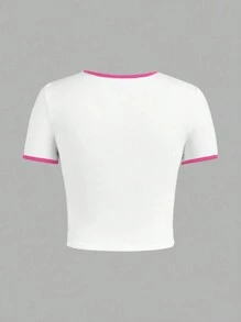 SHEIN Tween Girl 2pcs/Set Heart Printed Cropped T-Shirt And Flared Pants - Hot Pink - View 5