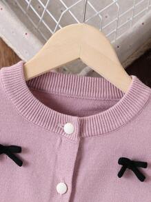SHEIN Set 2 Potong untuk Anak Perempuan, Kardigan Rajut Merah dengan Hiasan Pita 3D dan Rok Lipit, Musim Gugur/Dingin - Dusty Pink - View 3