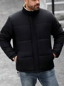 Manfinity Homme Men's Plus Size Solid Color Long Sleeve Casual Loose Padded Coat, Winter