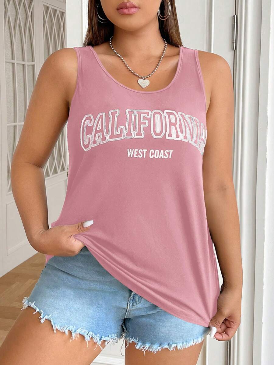 CovetEZ Plus Size Casual Minimalist Letter Print Tank Top - Pink - View 1