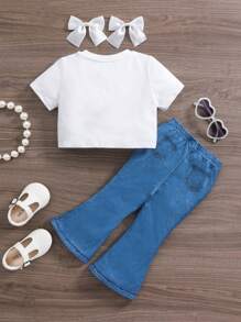 SHEIN 女婴可爱豹纹短袖上衣配松紧腰裤套装，夏季 - 白色 - 查看 2