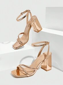 CUCCOO SZL Champagne Square Toe Ankle Strap Chunky High Heel Sandals, Fashion Commuting, Dating, Party, Holiday, Resort Valentine's Day - Champagne - View 1