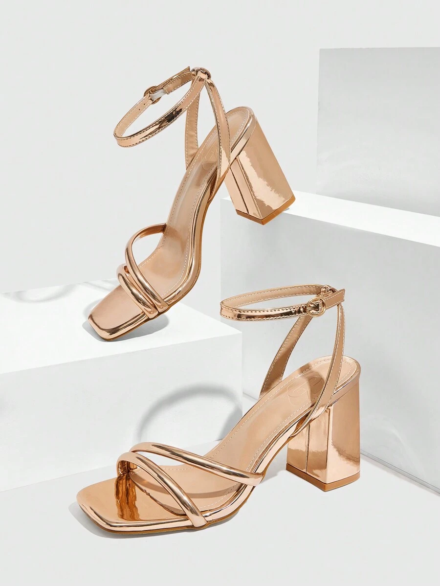 CUCCOO SZL Champagne Square Toe Ankle Strap Chunky High Heel Sandals, Fashion Commuting, Dating, Party, Holiday, Resort Valentine's Day - Champagne - View 1