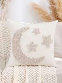 1pc Ramadan Themed Crescent Moon Embroidered Canvas Throw Pillow Cover