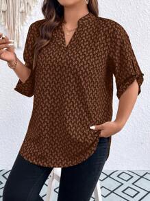 SHEIN LUNE Chemise De Printemps/été À La Mode Pour Grandes Tailles Avec Col Cran Et Manches Retroussées - Tabac - Voir 5