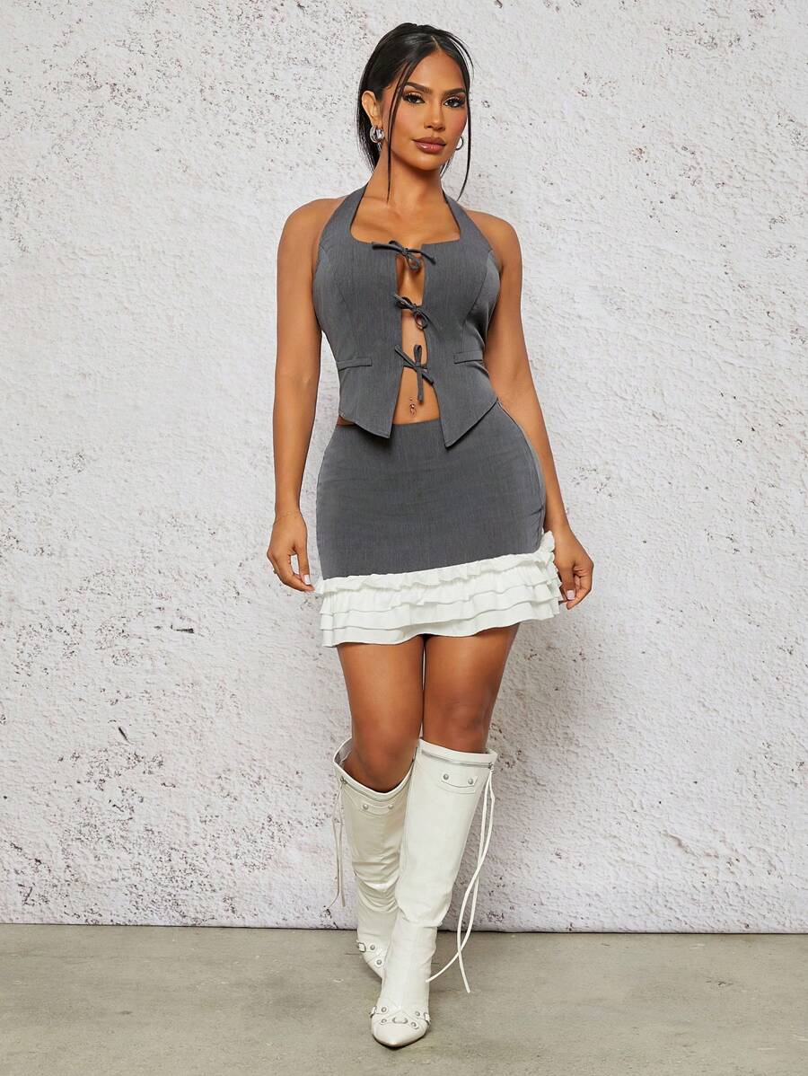 SHEIN SXY 女式纯色系带镂空露背短款上衣和荷叶边下摆迷你裙性感两件套