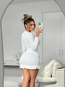 SHEIN SXY 女士纯色圆领白色长袖扭纹荷叶边下摆紧身迷你连衣裙 - 白色 - 查看 4