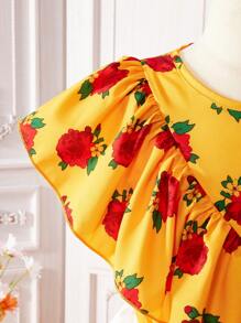 Vestido casual para meninas adolescentes com estampa floral, gola redonda, simples, casual, para o dia a dia - Amarelo - Ver 4