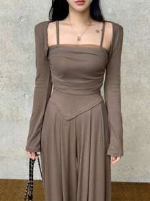 DAZY 3 件套：优雅吊带背心和阔腿裤套装，适合女士 - 卡其色 - 查看 5