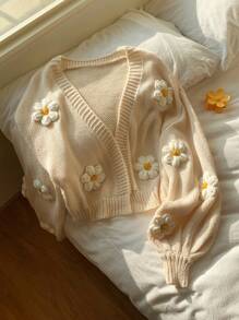 Comfortcana Spring/Fall Casual 3D Flower Decor Lantern Sleeve Cardigan - Apricot - View 6