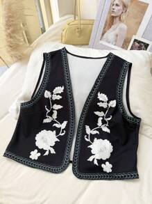 SHEIN Privé Plus Size Elegant Casual & Resort Style Western Collarless Sleeveless Short Jacket, Floral Print Vest