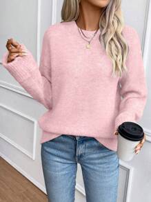 EMERY ROSE Women's Casual Solid Color Drop Shoulder Sweater, Autumn/Winter Knit Pullover Fall - Pink - View 3