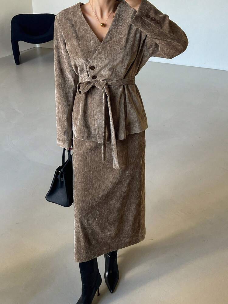 Solid Color V-Neck Belted Blazer & Skirt Women Suit Set, Fall Clothes Business Attire