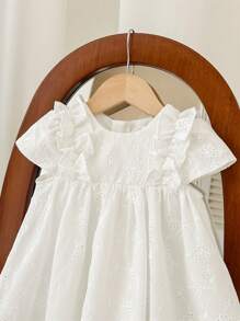 SHEIN Baby Girl Summer Cute Solid Color Embroidered Hollow Out Ruffle Hem Sleeveless Dress - White - View 6