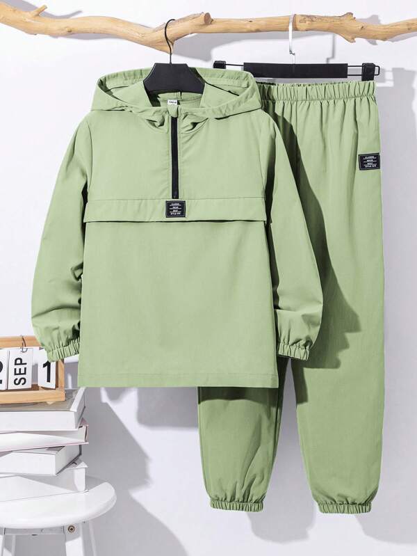 SHEIN 2 stuks/set Tween Boy Semi-Open Hooded Jacket en elastische taillebroek Sportieve casual outfit, geschikt voor herfst/winter