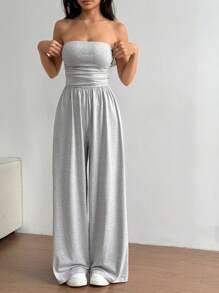 Flirla 休闲褶皱抹胸宽松阔腿连体裤