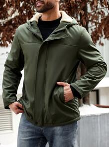 Manfinity Homme 大码男士纯色长袖保暖内衬连帽宽松休闲夹克，秋冬季外出连帽绿色夹克，适合朋友、丈夫、男朋友的礼物