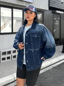 SHEIN EZwear 大码女式秋季长袖单排扣休闲磨边牛仔夹克