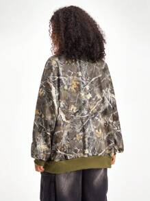 SHEIN EZwear Chaqueta bomber de mujer de hombros caídos con gráfico de letra y rayas para el invierno - Multicolor - Ver 2