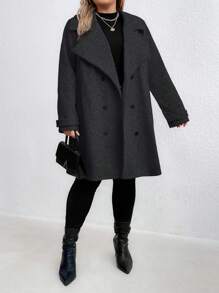 SHEIN CURVE+ Plus Size Women Solid Color Lapel Neck Long Sleeve Casual Jacket, Autumn/Winter - Dark Grey - View 5