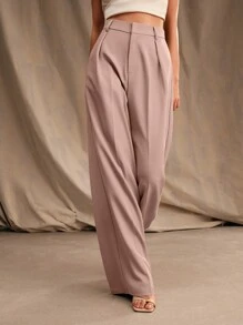 Anewsta Women High Waist Pleat Casual Straight Leg Trousers, Office Wear - Dusty Pink - View 1