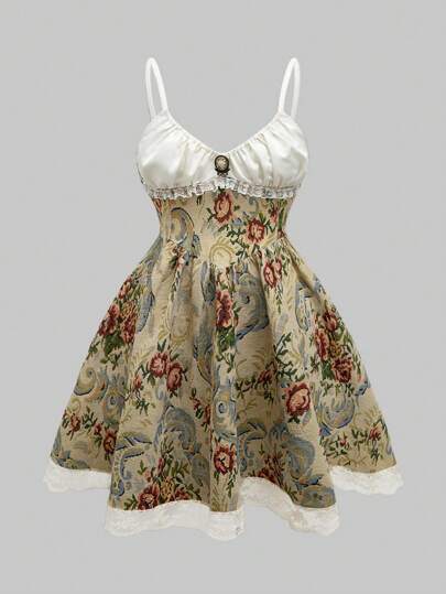 Kawaii Vintage Victorian Palace Style Floral Spaghetti Strap Women's Dress