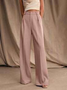 Anewsta Women High Waist Pleat Casual Straight Leg Trousers, Office Wear - Dusty Pink - View 4