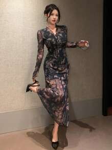 DAZY 全印花花卉和植物网眼 V 领修身中长连衣裙，适合女士、派对装、秋季连衣裙长袖连衣裙 - 黑色 - 查看 2