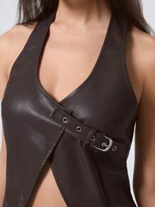 LYSMO Blusa de mujer con detalle de cuello de halter de piel sintética, prenda para fiesta