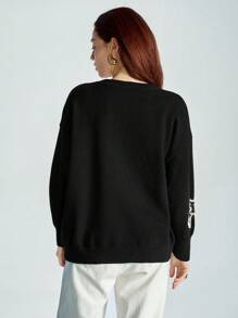 Aveloria Modichic Floral Embroidered Loose Fit Crew-Neck Sweater, Versatile Casual Plant Style Women's Warm Pullover Knit Pullover Fall Winter - Black - View 2