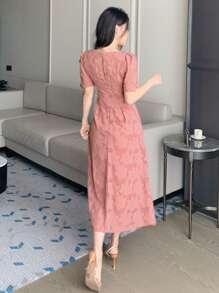 DAZY Lace Allover Floral Pattern Square Neck Mid-Long Dress For Women,Milkmaid Dress