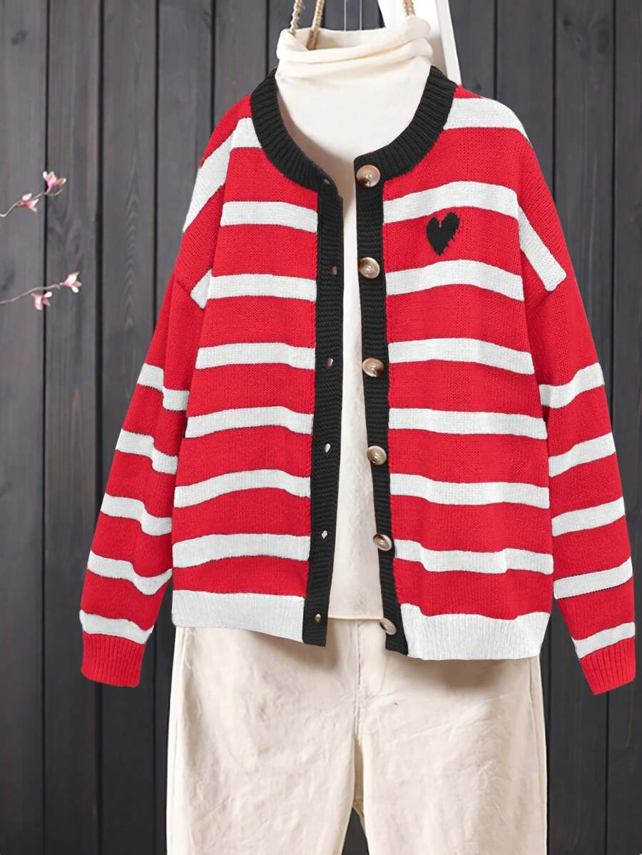 SHEIN Unity 新品女款撞色心形条纹图案宽松针织开衫 - 彩色 - 查看 1