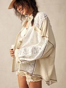 Bohemela Casual Woven Contrast Lace Loose Lapel Front Open Women Blouse - Multicolor - View 4