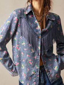 Bohemela Women's Casual Printed Loose Woven Shirt Western Wear Women Festival Boho Hippie Cowgirl Old Money - Dark Wash - View 4