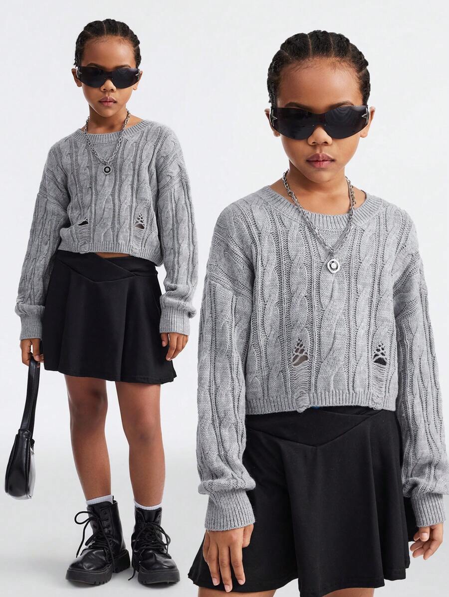 SHEIN Tween Girls Fall/Winter Basic Cable-Knit Thermal Grey Fitted Crew Neck Sweater - Grey - View 1