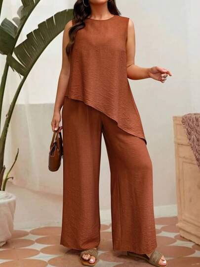 Linhara Set de 2 piezas de mujer de talla grande con camisa informal de unicolor con dobladillo asimétrico sin mangas y pantalones de pierna ancha