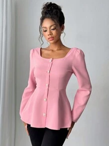 SHEIN Unity 2024 新款方领优雅时尚收腰 A 字粉色衬衫 - 粉色 - 查看 6