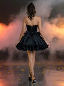 SHEIN Belle Đầm công chúa ống suông ren đen sang trọng, lãng mạn, gợi cảm, dễ thương, không dây, đính đá, nơ eo, dự tiệc sinh nhật, dự tiệc cưới, tiệc Halloween - màu đen - Xem 3